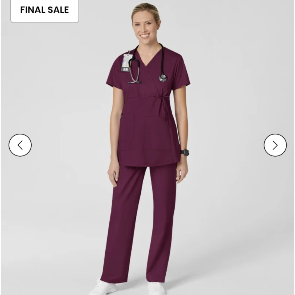 MATERNITY Small Petite WonderWink V-Neck Scrub Top in Wine